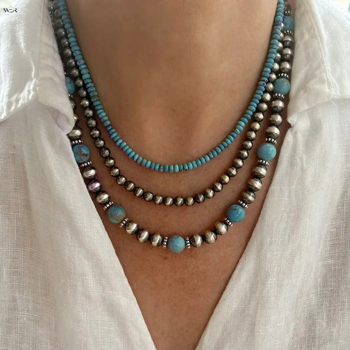 3Pcs Western Boho Turquoise Beaded Layered Necklace Set, Vintage Adjustable Extension Chain Stackable Chokers, Retro Cowgirl Beach Party Statement Neck Jewelry, Versatile Gift for Women