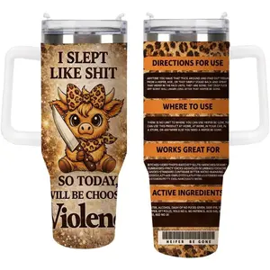 I Slept Like Shit So Today Will I Be Choosing Violence 40oz Highland Cow Tumbler, I Slept Like Shit Mood Cup, Office Chaos Coffee Tumbler with Handle, Relatable Work Stress Gift