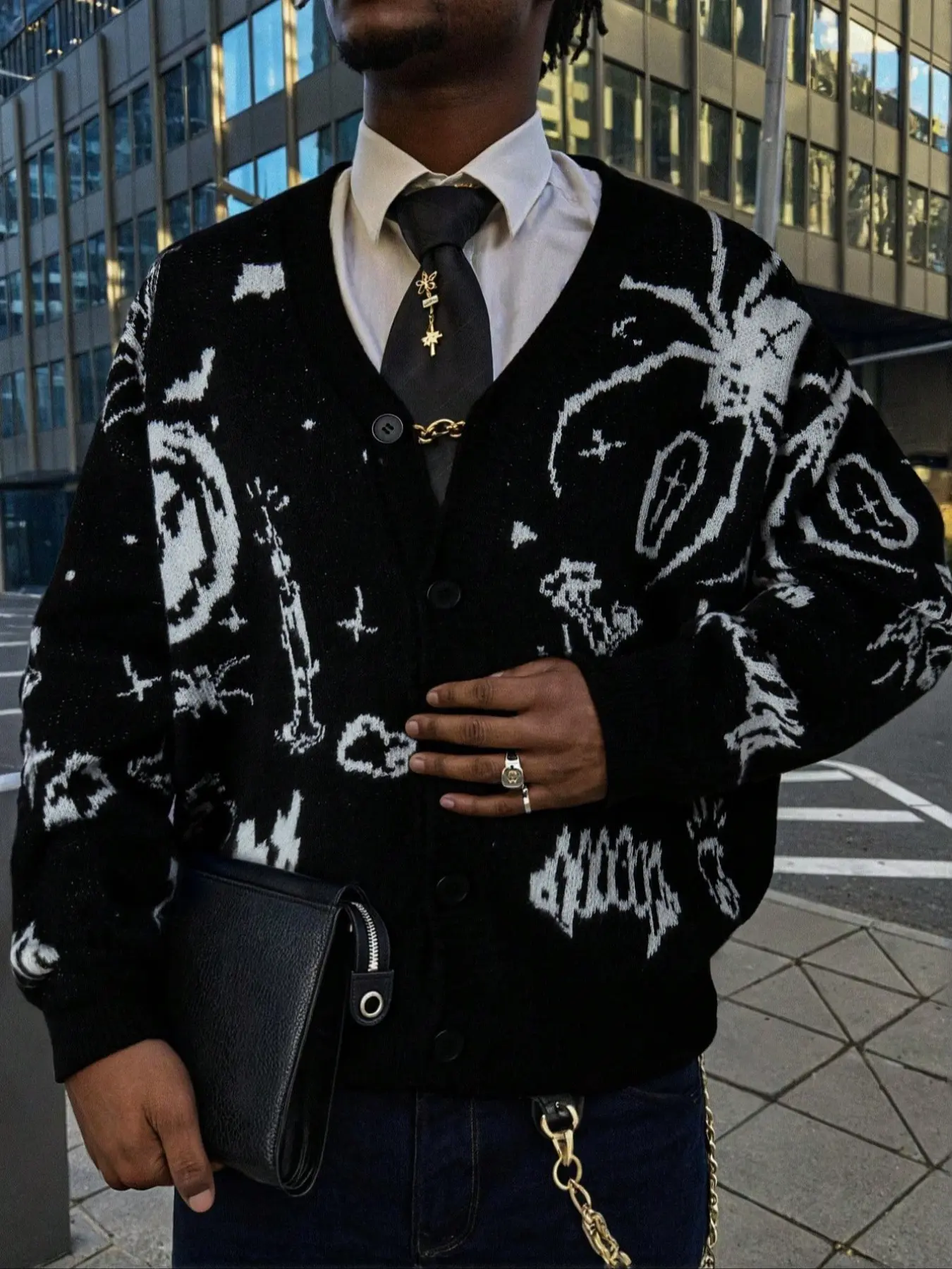 Men's Halloween Print Festive Long Sleeve V-Neck Cardigan, Casual Loose-Fit Street Style, Perfect for Spring & Fall, Daily Wear Top