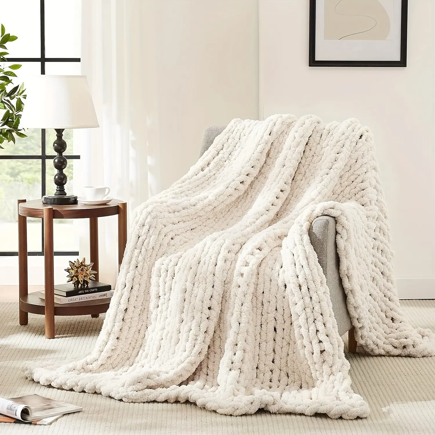 Chunky Blanket Throw, 100% Hand Chenille Throw Blanket for Sofa & Home Decor, Handmade Thick Cable Crochet Blanket