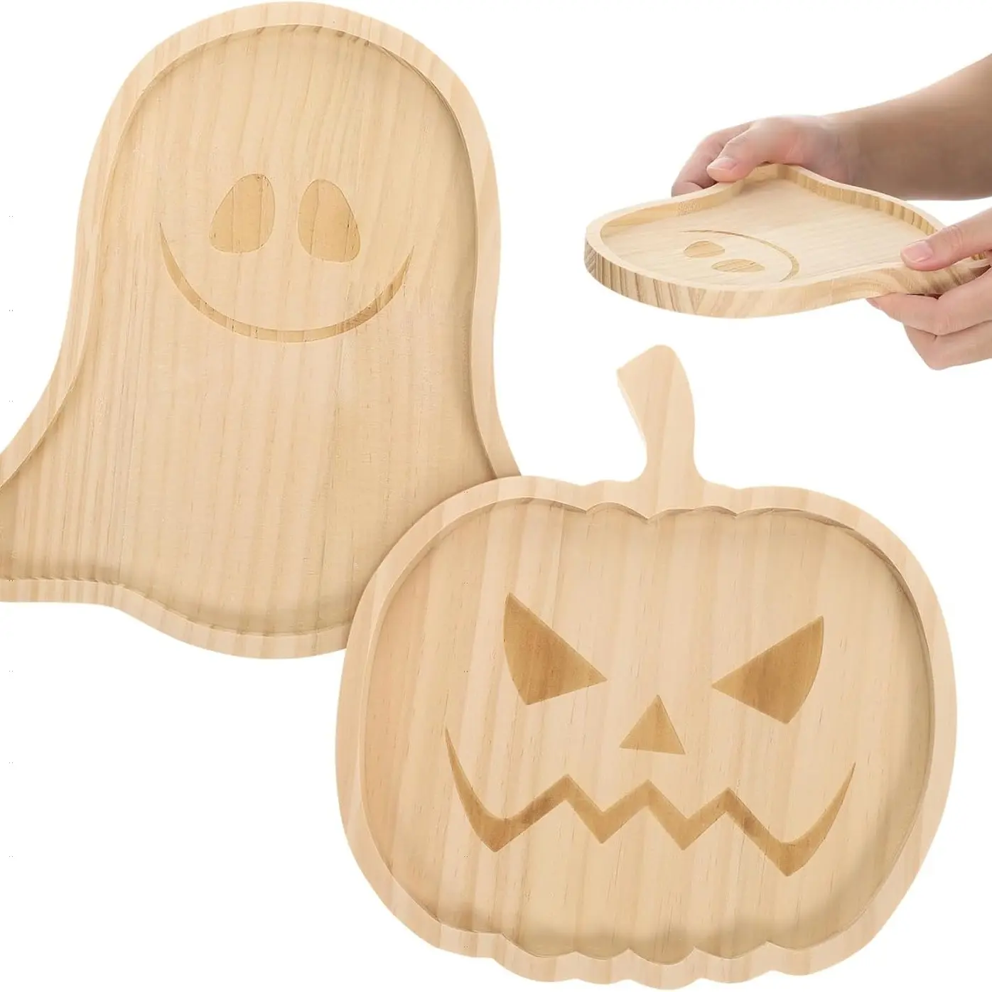 Halloween Wooden Pumpkin Tray 7.5 Inch Ghost & Pumpkin Serving Plate Set Decorative Plates for Party Snacks Candy Fruit Desserts Home Decor