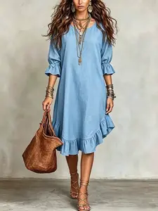 Boho Style Round Neck Ruffle Three-Quarter Sleeve Dress, Loose Fit A-Line Midi Dress, Perfect for Summer Vacation, Chic, Comfortable and Stylish