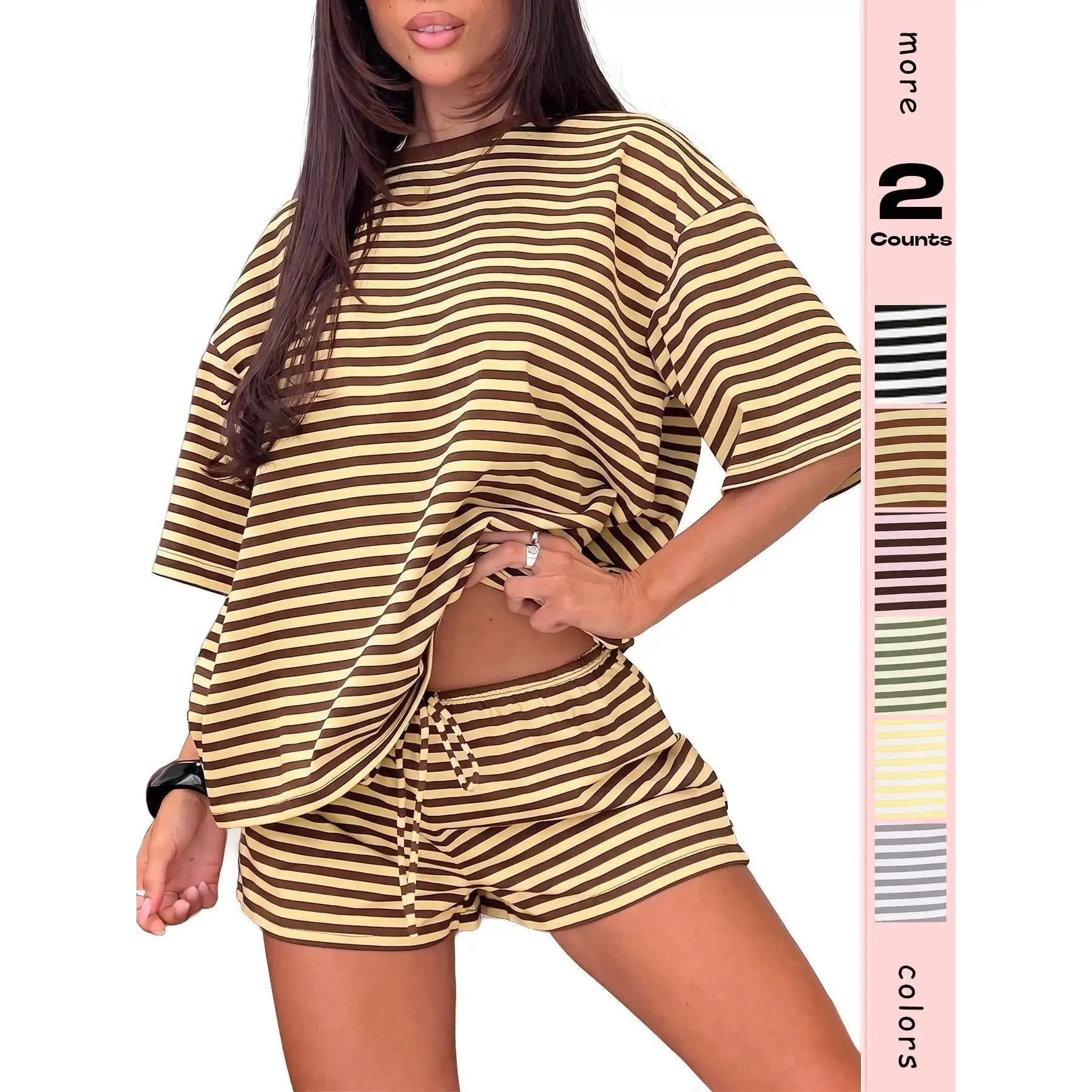 Women Striped Short Sleeve Tee & Elastic Waist Shorts Outfit, Adjustable Drawstring Oversized Loose Loungewear Set, Breathable Summer Daily Matching Tracksuit