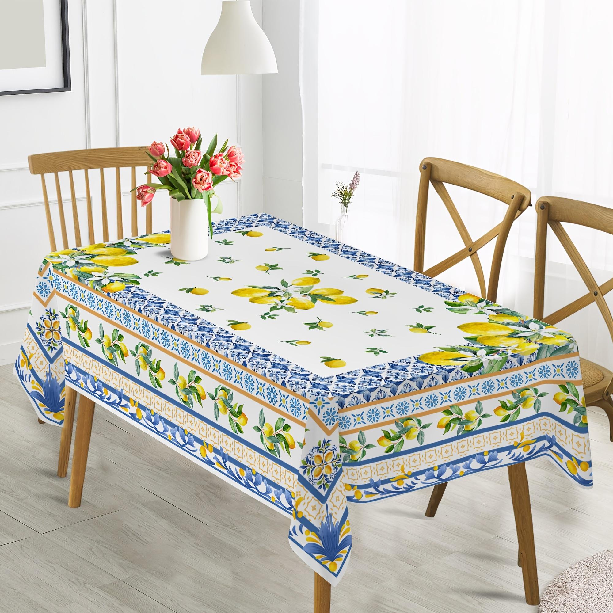Elegant Mediterranean-Inspired Tablecloth with Fresh Lemon & Blue Floral Design - Polyester, Machine Washable for Dining Room, Living Room, Outdoor Decor
