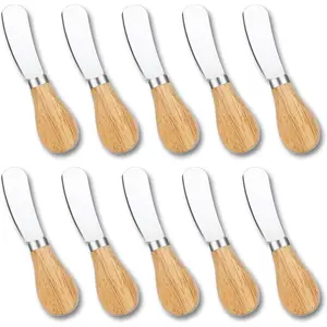 10 Pcs Cheese Spreader Knives, Mini Butter Spreader with Wooden Handle, Stainless Steel Cheese Knife Set for Charcuterie Board, Sandwich, Appetizers, Cocktail Spreading