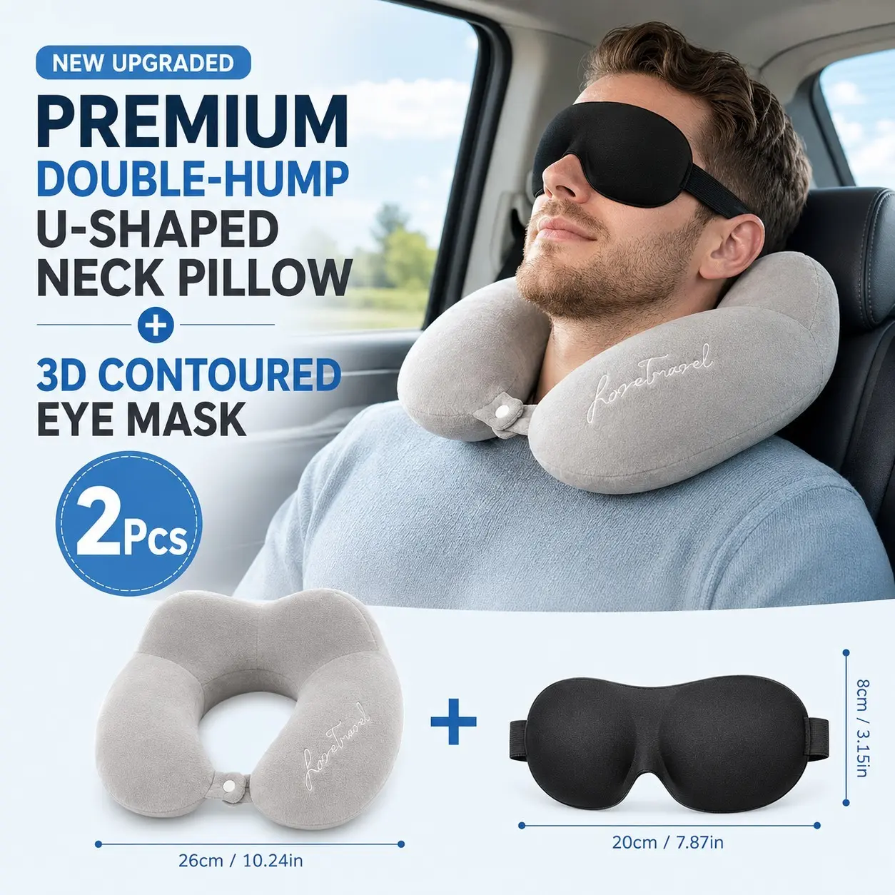 Travel Neck Pillow and 3D Sleep Mask Set, Plush Hump U Shaped Cervical Support, Zero Pressure Contoured, Gentle Comfort, Blackout Eye Cover