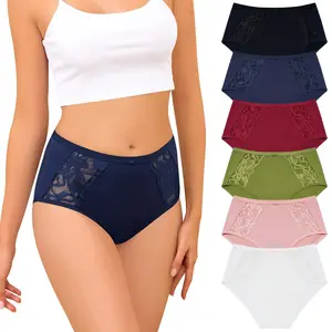 LEVAO Women’s Cotton Underwear 6 Pack, High Waisted Lace, Soft Breathable Stretch Briefs