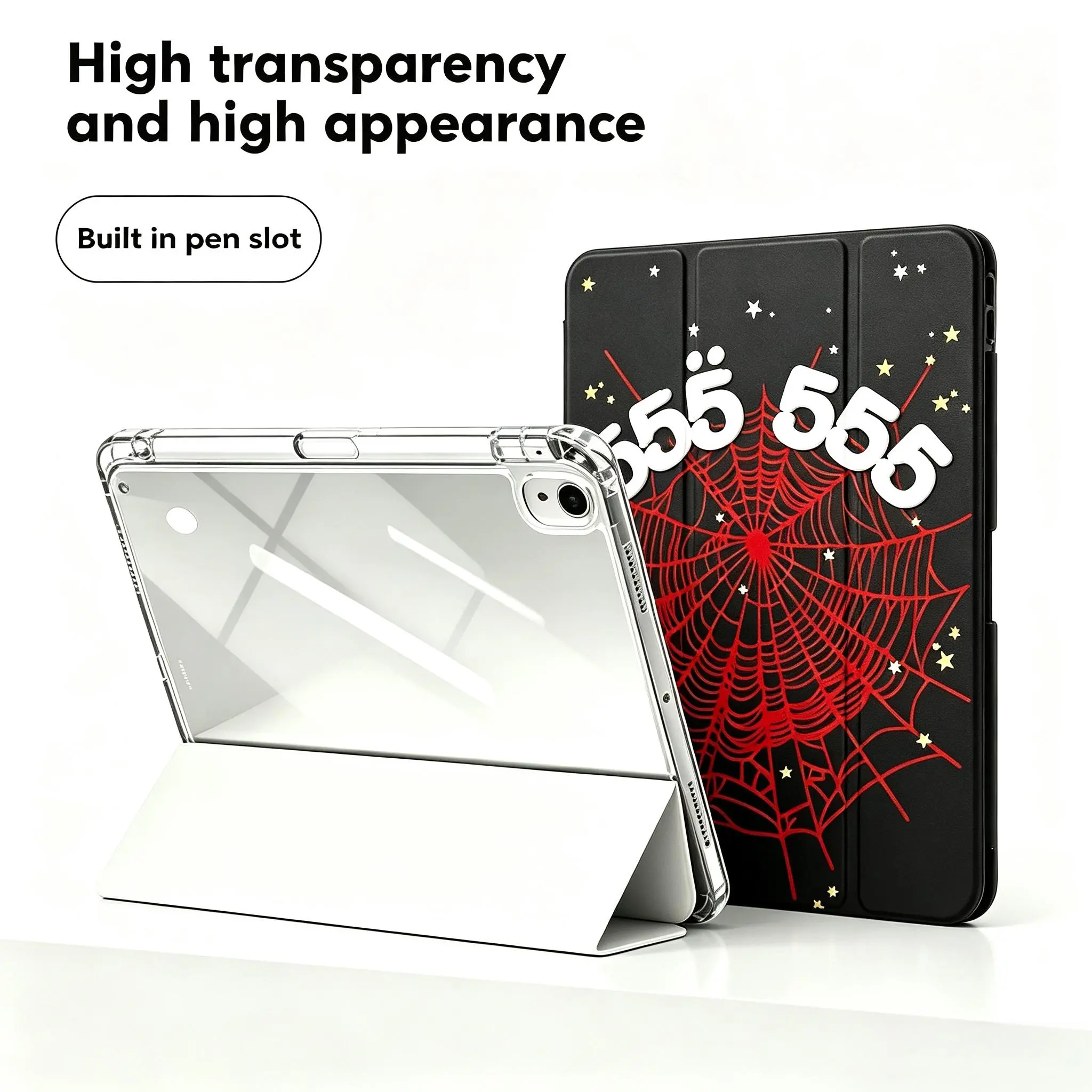 #DealsForYouDays #SummerWins DarlingCase PU Spider Web Stars Protective iPad Case - 3-Fold Stand, Transparent Anti-Drop Back Cover with Pen Slot, Various Models Fit iPad A16, 11th/10th Gen, Air 1/2/4/5/6, Pro 10.5in/12.9in/13in, Mini 7 Gen