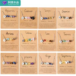 Natural crystal gravel 12 zodiac sign necklace, twelve zodiac sign gravel combination sweater chain necklace jewelry