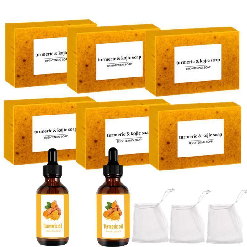 Turmeric Cleansing Soaps & Essential Oil Set, 6 Counts Turmeric Brightening Soap Bar & 2 Counts Turmeric Essential Oil & 3 Counts Foaming Net, Body Cleansing Products, Body Hygiene Products, Skin Care Set