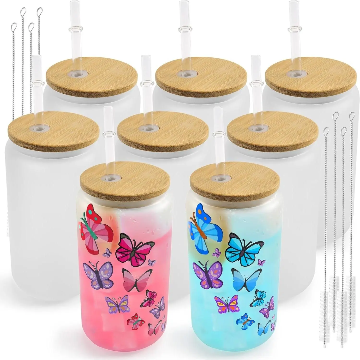 8 Pack 16 oz Frosted Sublimation Glass Cups with Lids and Straws