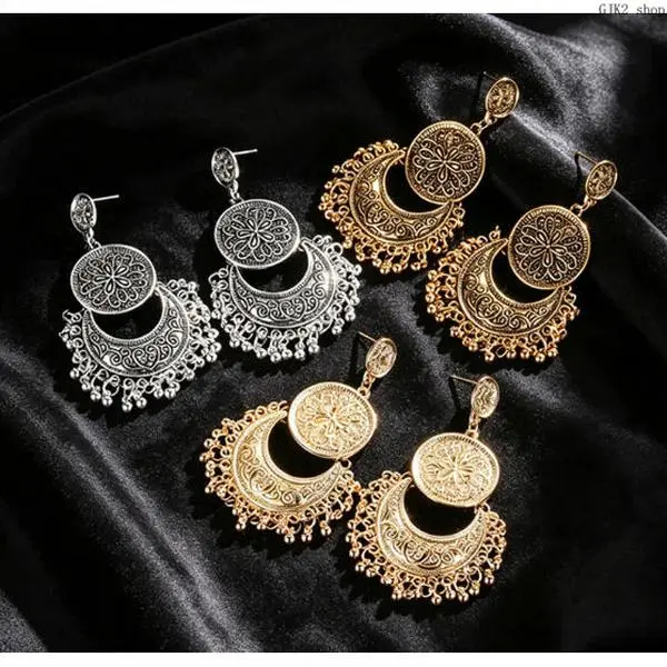 Vintage Boho Drop Earrings for Women, Layered Moon & Floral Tassels, 2-Tone Alloy Plated Ethnic Gypsy Jewelry for Festivals, Festival Outfits, Floral Motifs, Moon Shapes, Folk Earrings, Whimsical