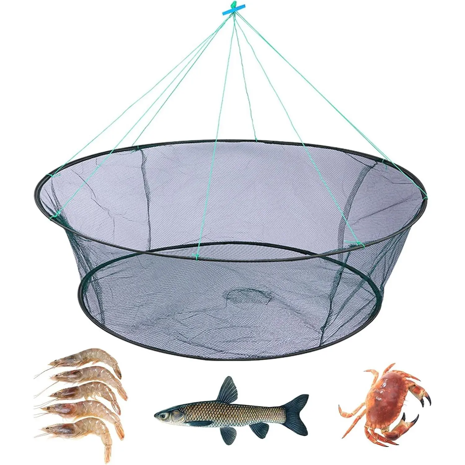 Portable Fold Nylon Netting Fishing Drop Net with Rope, Minnow Crab Crawfish Shrimp Trap for Pier Fishing