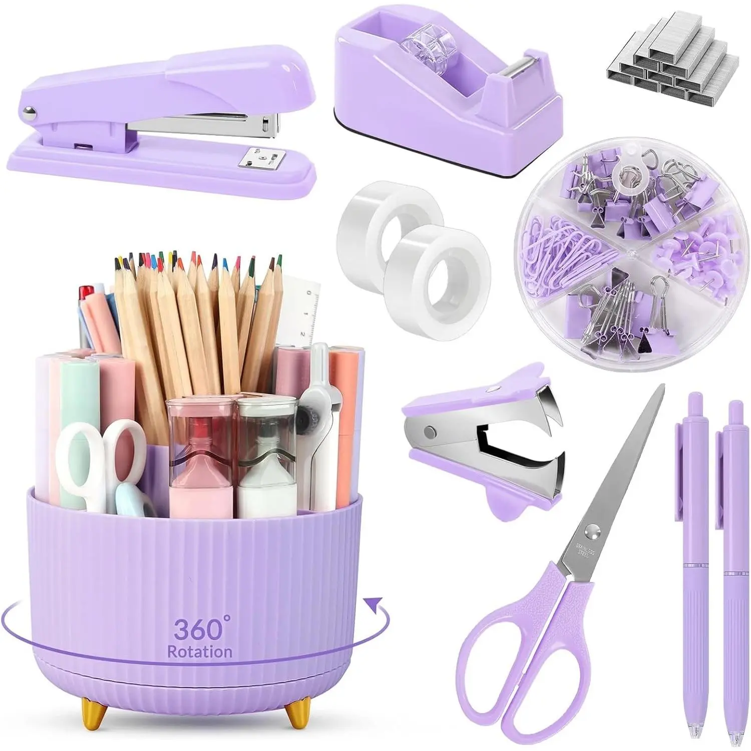 Purple 11-Piece Office Supplies Set with Pencil Holder, Stapler, Tape Dispenser, Scissors, Ruler, Binder & Paper Clips, 1000 Staples, Desk Organizer Decor