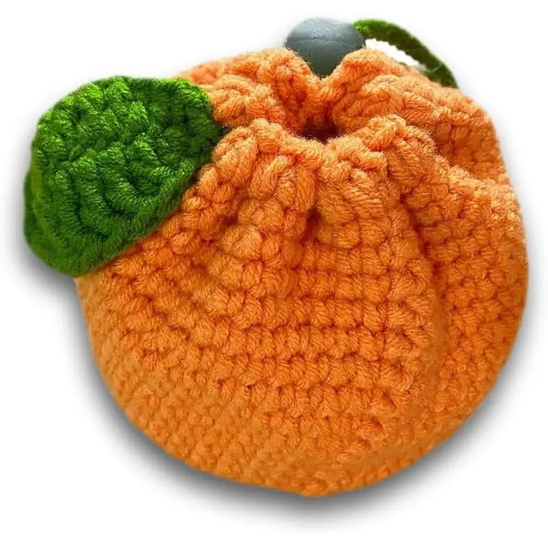 Women's Tangerine-Shaped Crochet Pouch - Handmade Mini Drawstring Coin Purse, Organiser, Synthetic Earbuds Holder for Casual Travel