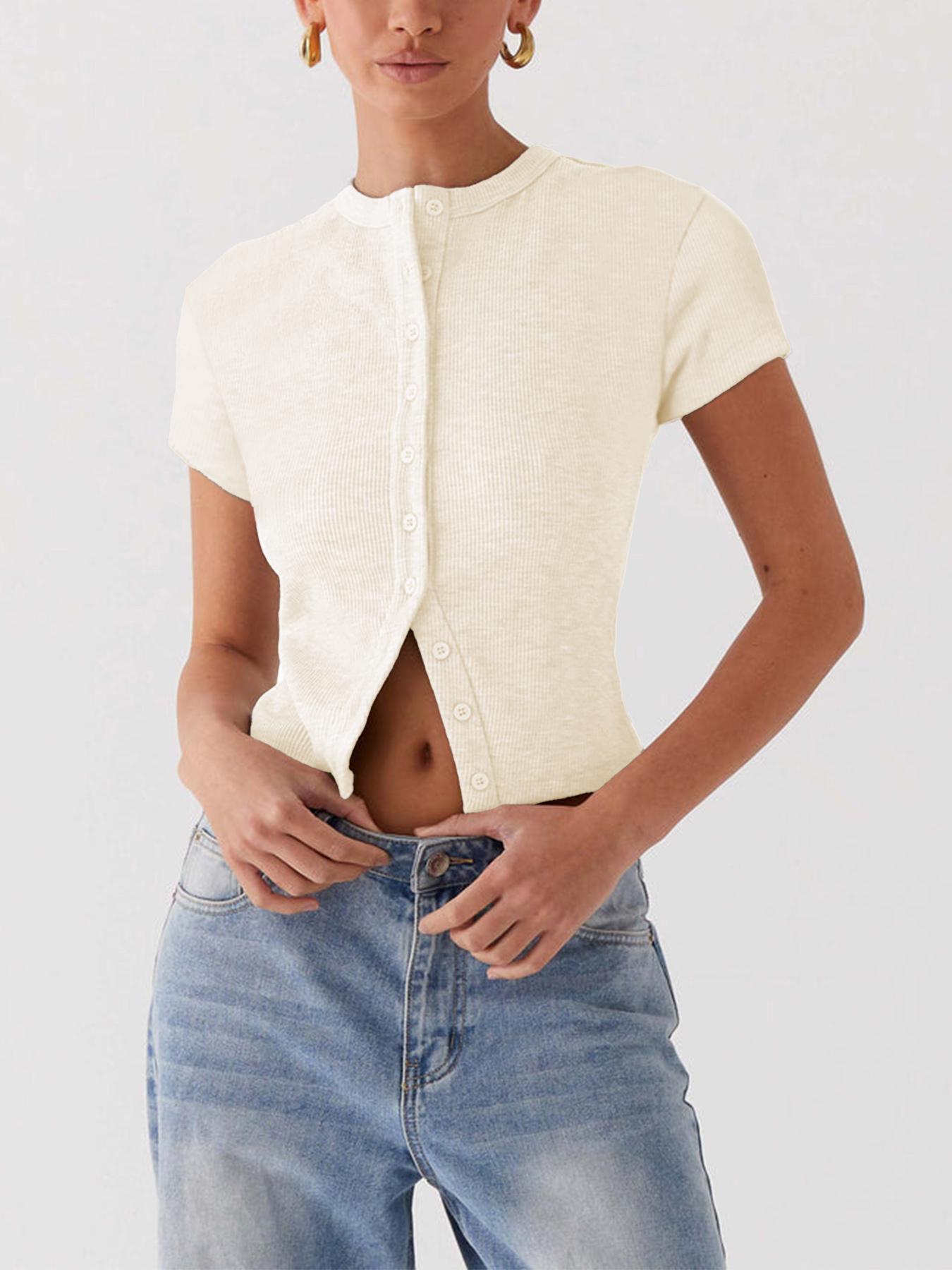 Women's Plain Button Front Ribbed Tee, Casual Slim-fitting Short Sleeve T-shirt for Daily Wear, Ladies Clothes for All Seasons, Cute Basic Tops, Womenswear