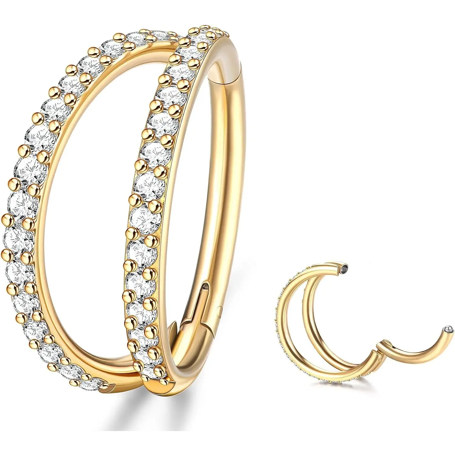 18G Women’s Titanium Double Nose Hoop Piercing Rings Set, Gold Black CZ Segment Clicker Hoops, Multipurpose Septum Tragus Cartilage Conch Body Piercing Jewelry, Hypoallergenic Trendy Daily Wear Ornaments