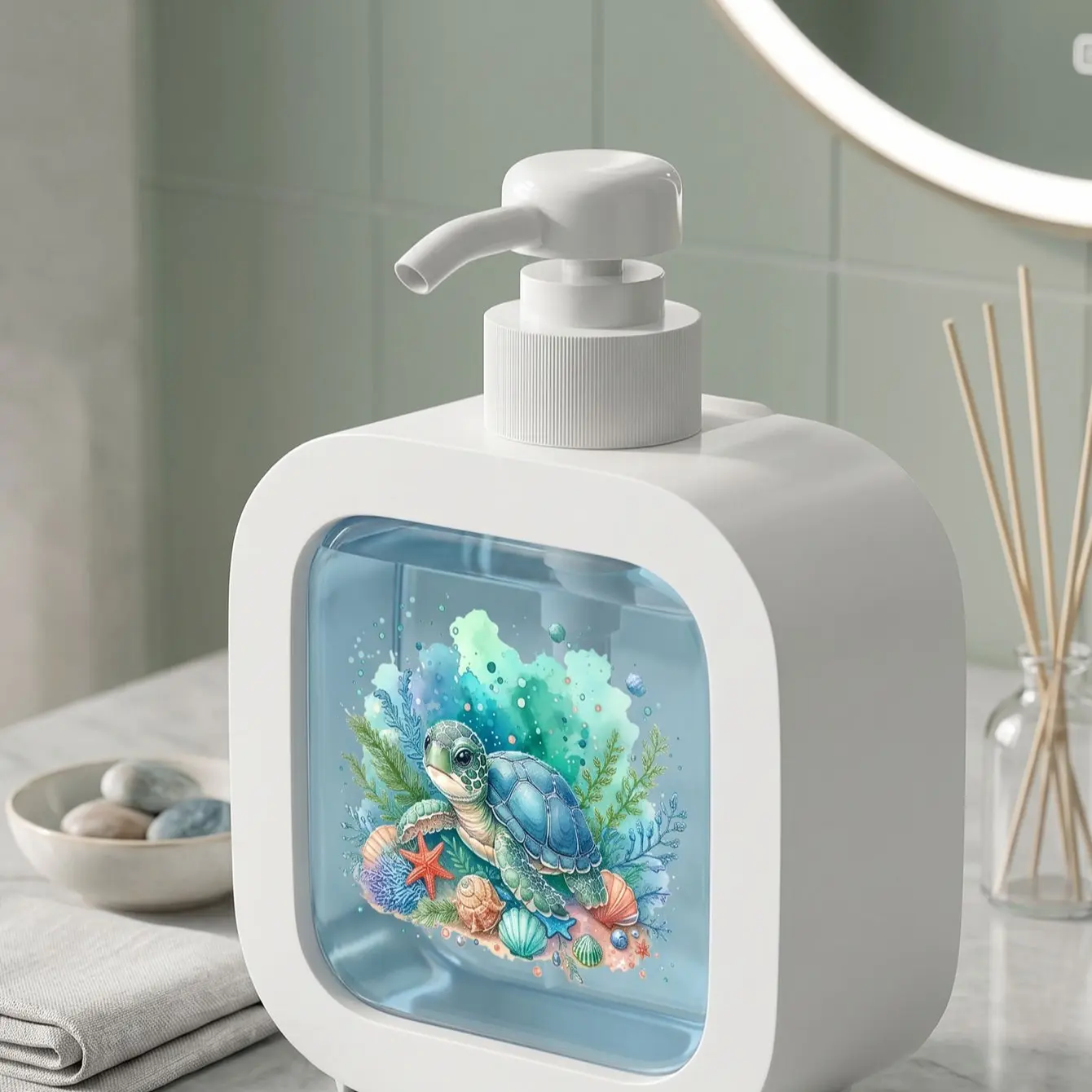 Underwater Turtle Pattern Press Dispenser Bottle, Home Bathroom Lotion Storage, Large Capacity Travel Plastic Soap Dispenser, Liquid Soap Dispenser, Cartoon Ocean Turtle Print