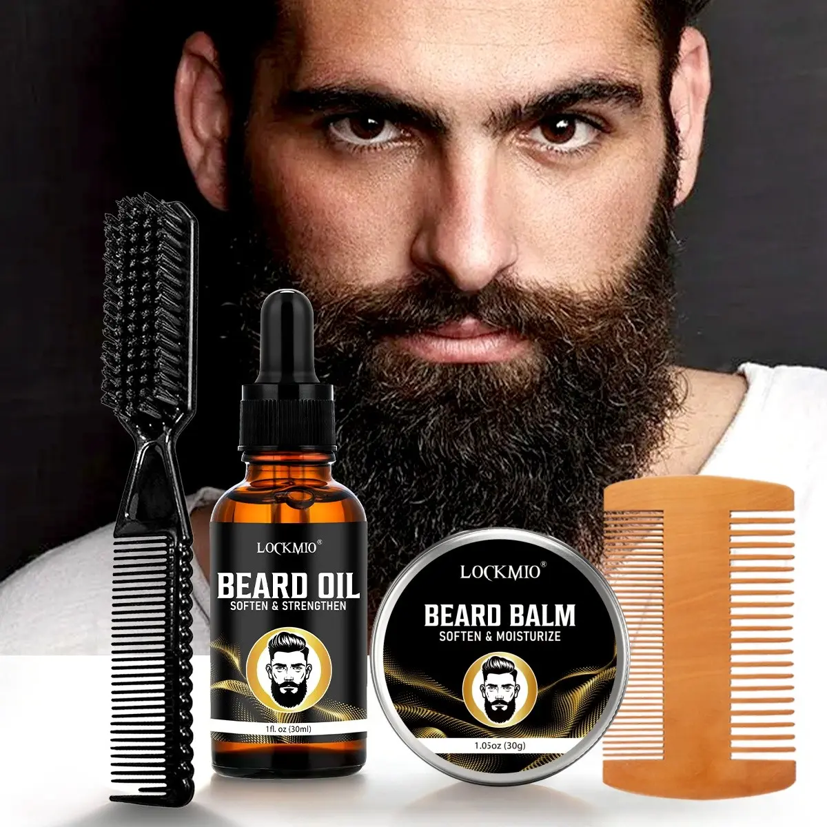4pcs Men's Beard Care Set Including beard essential oil and beard balm Daily maintenance for beard roots and beard massage Smooth frizzy beards, hydrate, Moisturizing, soften hair and boost luster Comes with double-sided beard comb & brush tool