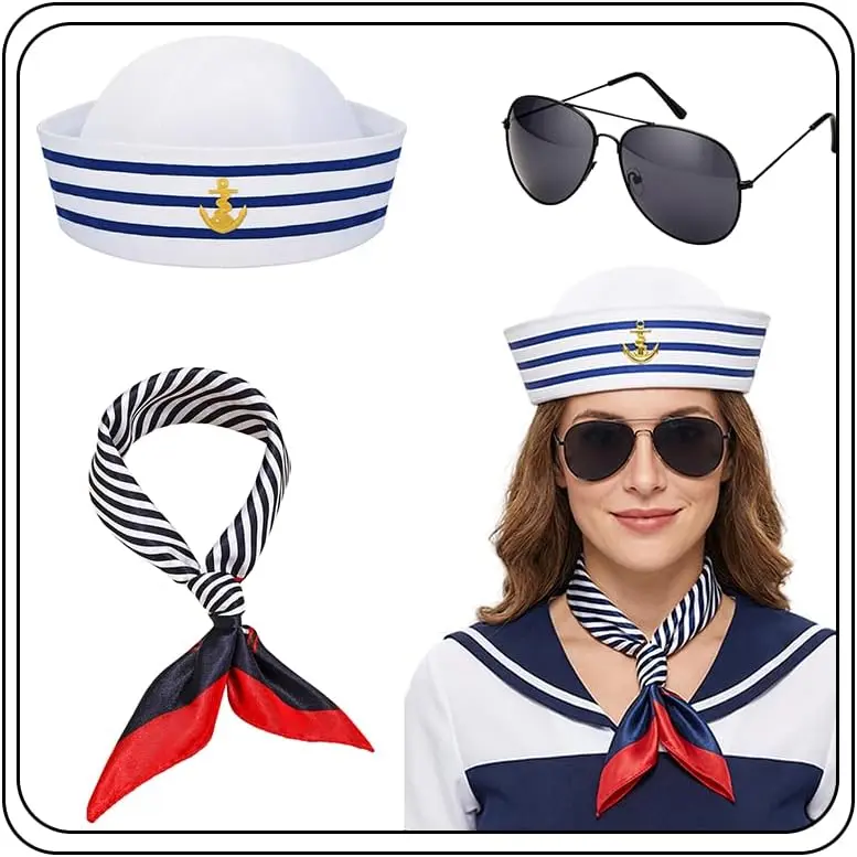 3PCS Yacht Captain Sailor Costume Set for Women Men Party Decor| Navy Blue with White Sailor Hat,Stain Scarf,Sunglasses,Rock Navy Costume Sailor Accessories,Captains Dressing up Party : Clothing, Shoes & Jewelry Womenswear Cosplay Cosplay Smooth Style