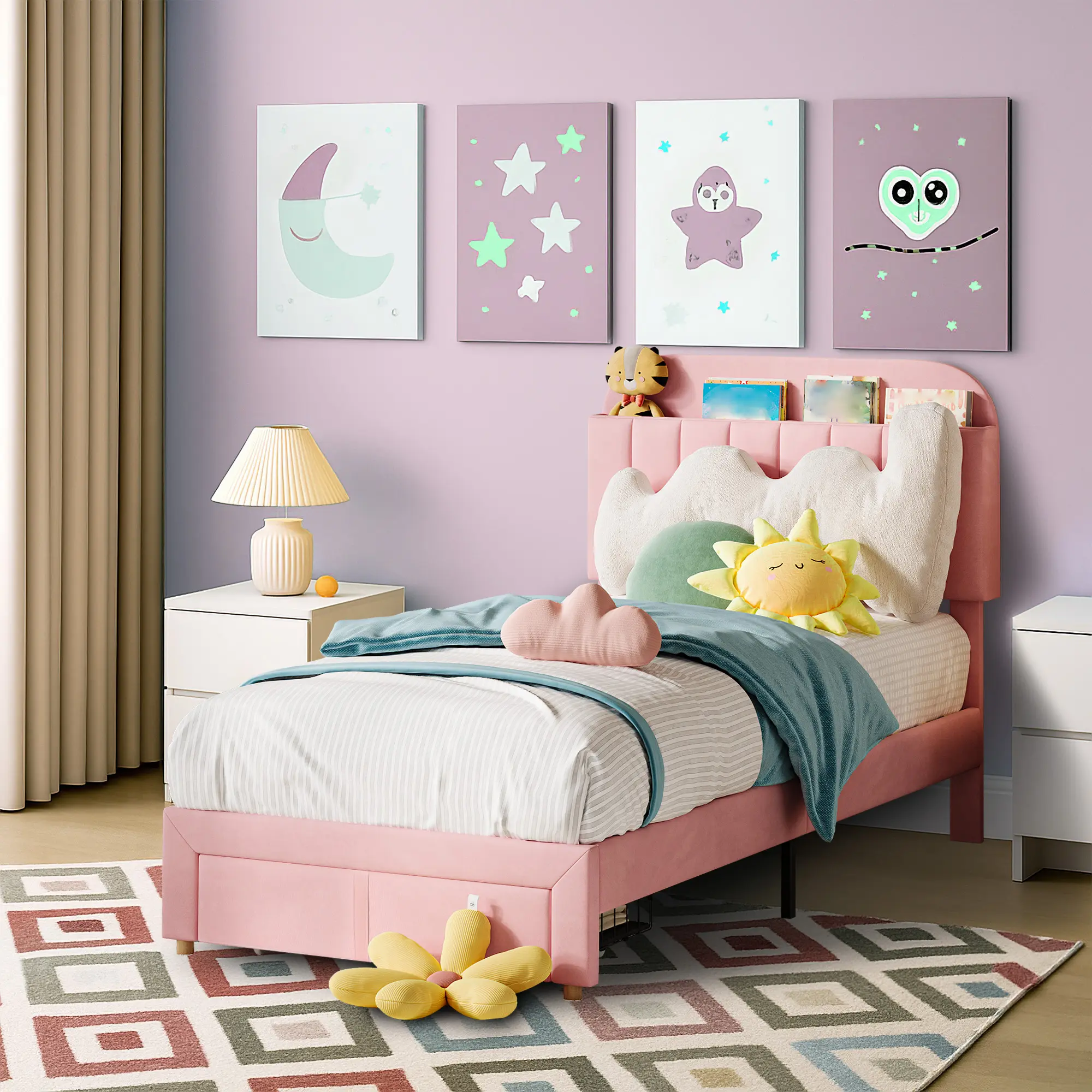 Twin Size Upholstered Bed Frame with Storage Headboard and Underbed Drawer, Light Pink Velvet Platform Bed with Bookshelf Headboard, Rolling Toy Storage, No Box Spring Needed for Kids Girls Bedroom