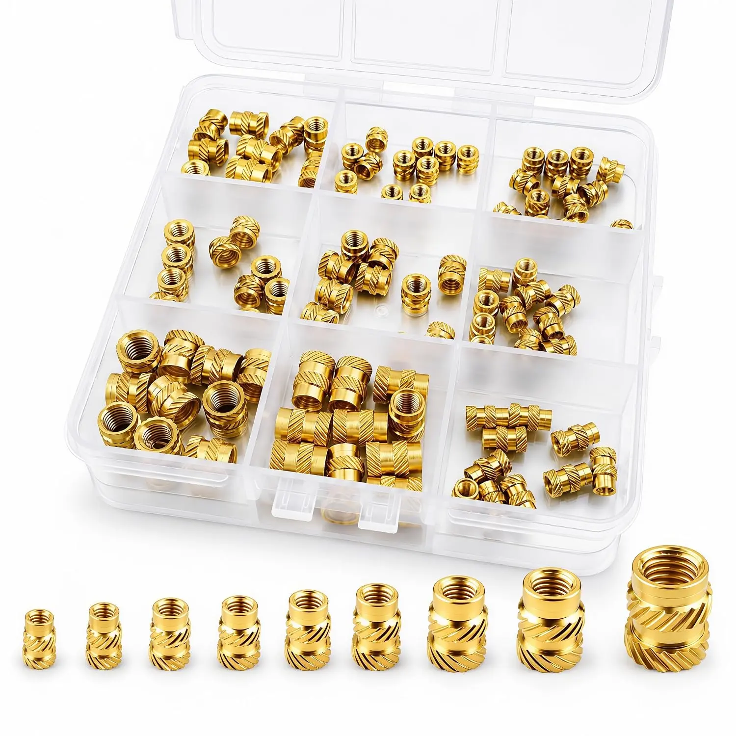 90 count Threaded Inserts Kit, 9-Size  M3 M4 M5 M6 Heat Set Brass Inserts with Storage Box,  Printing Brass Nuts Threaded Inserts Nuts for Plastic, Female Thread Knurled Heat Embedment Nut