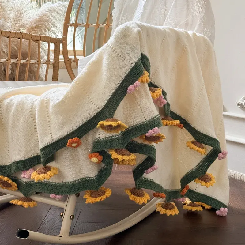 Sunflower Pattern Knitted Blanket, Casual Soft Blanket, Soft Floral Bedspread for Sofa, Bed, Chair, Rural Home Decor, Perfect Gift for Women