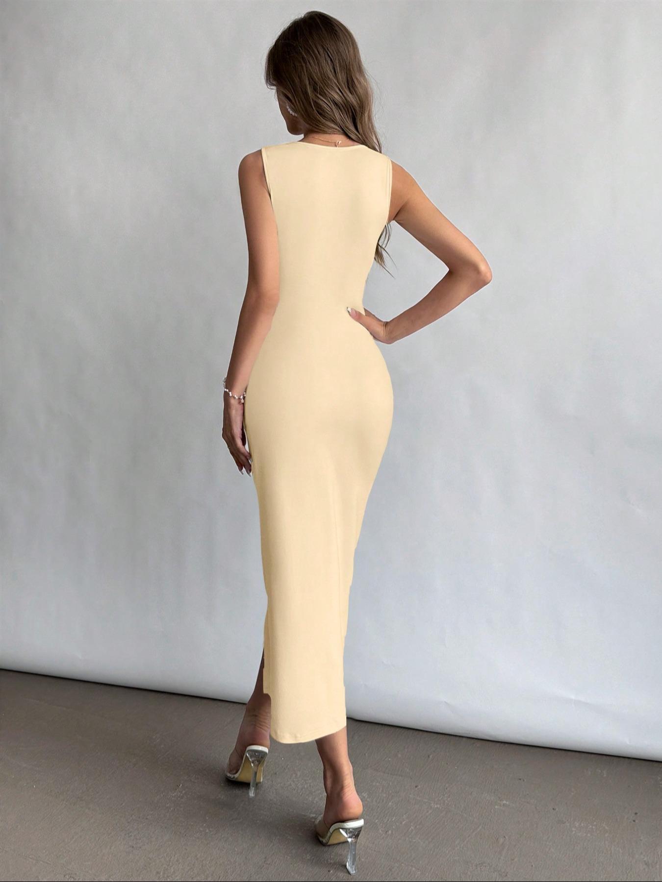 Women's Plain Ruched Wrap Split Thigh Bodycon Dress, Formal Elegant Dress, Elegant Square Neck Sleeveless Long Dress for Party Holiday Wedding Guest, Ladies Clothes for All Seasons