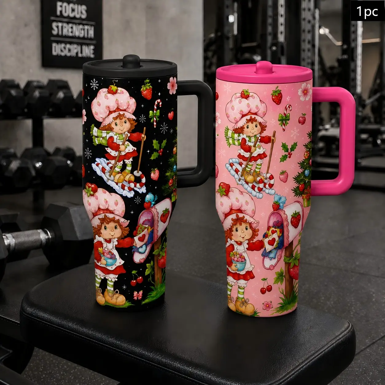 1PC 40oz Christmas Strawberry Girl Pattern Insulated Stainless Tumbler with Handle & Leak-Proof Lid, Double Wall Vacuum Insulation Travel Mug, Hot 12H Cold 24H, Large Capacity Cup for Men Women, Christmas Holiday Gift