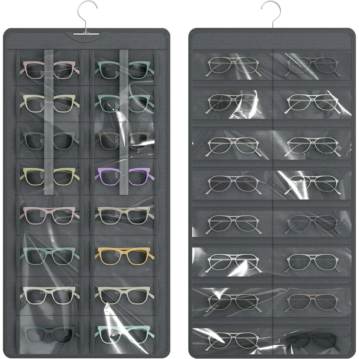 Sunglasses Organizer and Storage, 32 Slots  Holder, Gray | Protect eyewear from dust with double-sided clear compartments; roof design hangs  wall, door or closet for /RV travel.