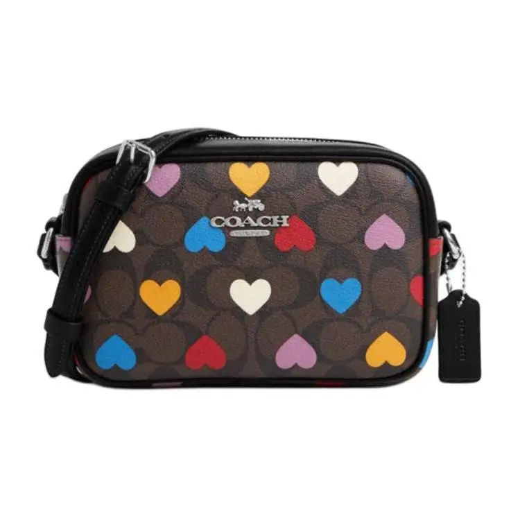 Coach Mini Jamie Camera Bag for Women – Classic Monogram Heart Print, Non-Removable Strap, PVC Crossbody, Small Size, Multicolor