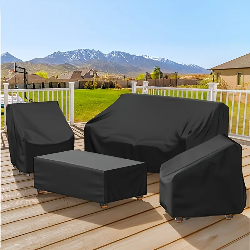 4pcs Outdoor Furniture Cover includ Ourdoor Sofa Cover, 2 Chair Covers, Coffee Table Cover with Wind Buckle Strap and Adjustable Drawstring. Suitable for use in the living room, courtyard, balcony patio furniture.