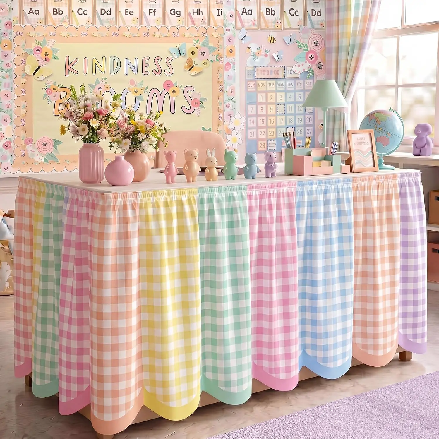 Teacher Desk Skirts 6 ft Gingham Table Skirt Pastel Scalloped Ruffled Table Skirt Back to School Supplies for Classroom Teacher Office Desk Decor