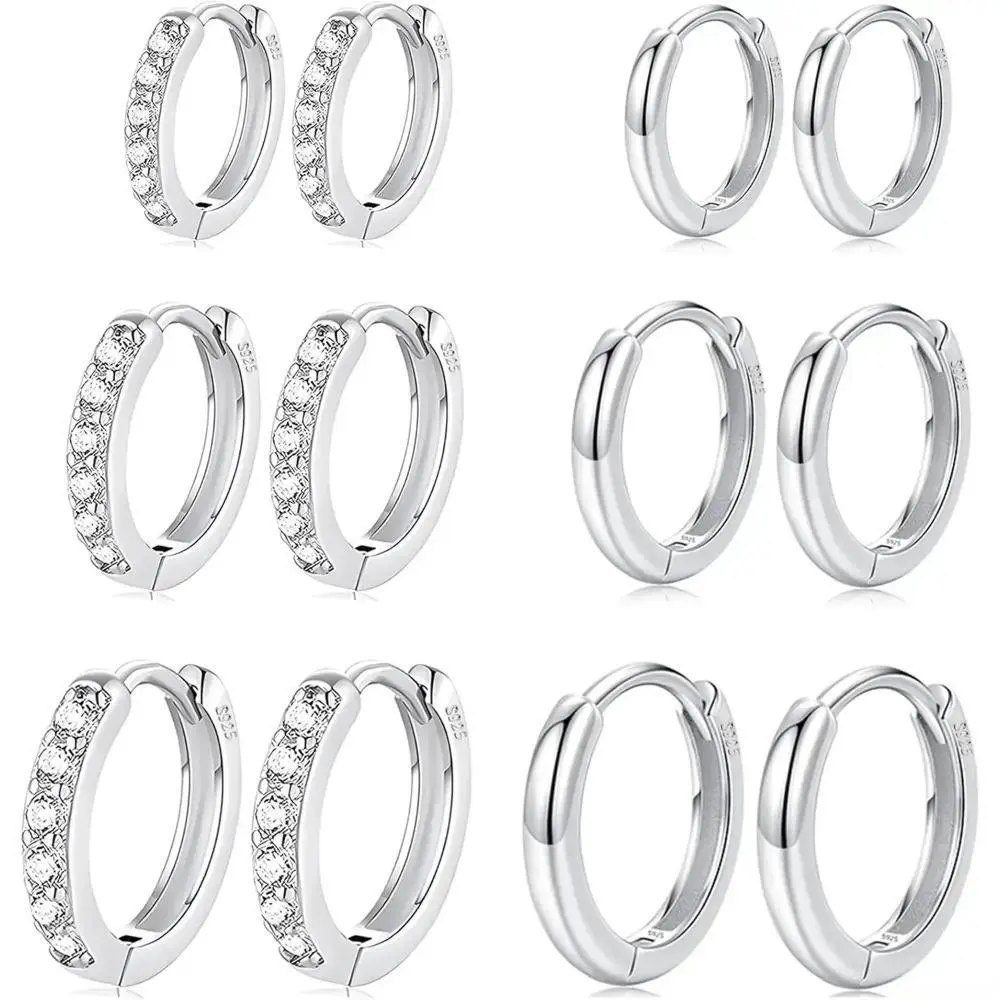 6 Pairs Silver Hoop Earrings Set - Stainless Steel Huggies with Cubic Zirconia, 8mm/10mm/12mm, Hypoallergenic Shower Safe for Multiple Piercings, Mix-and-Match Daily Wear Bag Charm Accessory, 6 Pairs Silver,8Mm 10Mm 12Mm