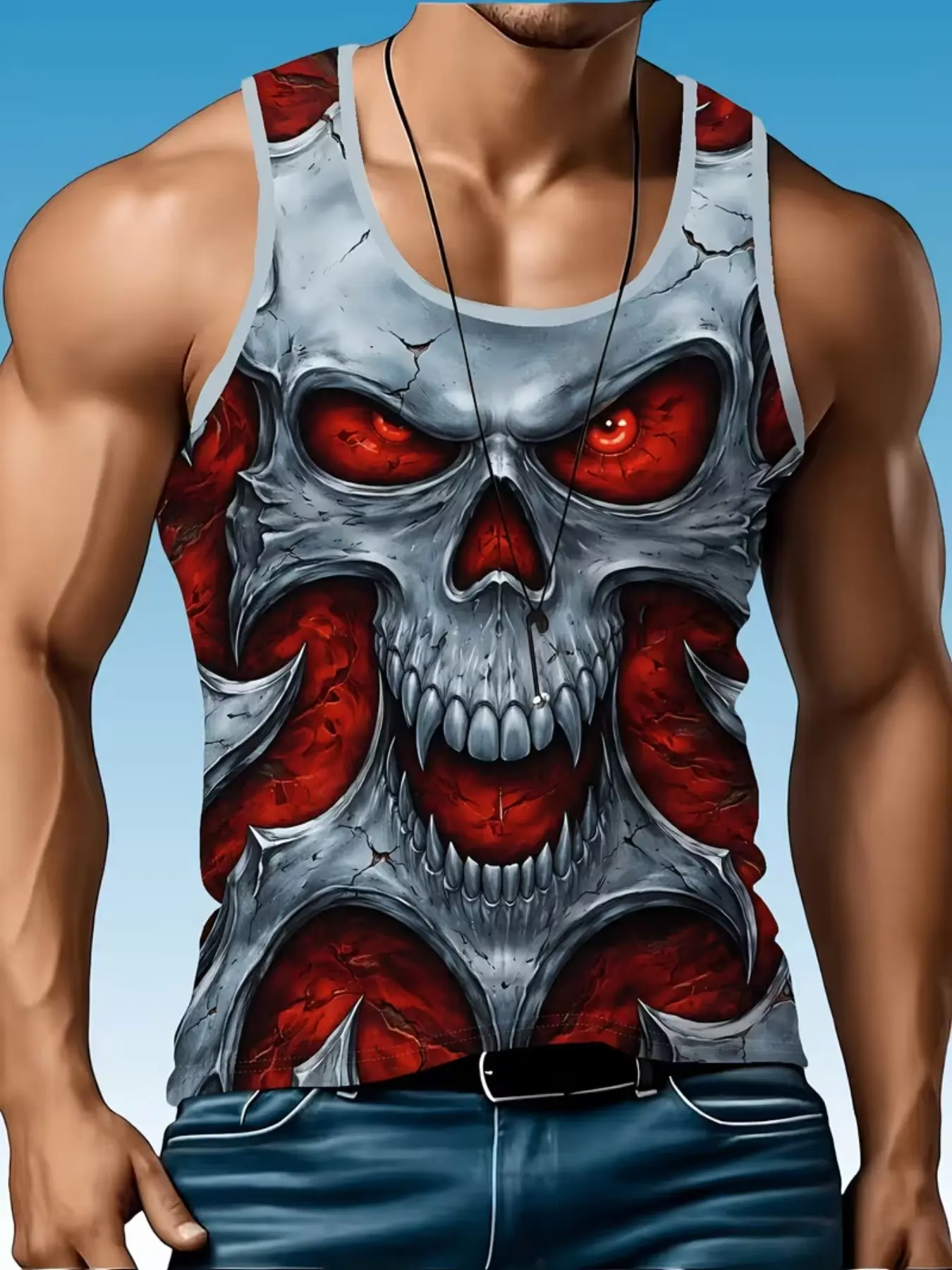 Men's Latest Skull Print Tank Top, Summer Casual Sleeveless Shirt, Comfortable Breathable Fitness Wear, Sleeveless Sports Tops, Street Style Outdoor Training