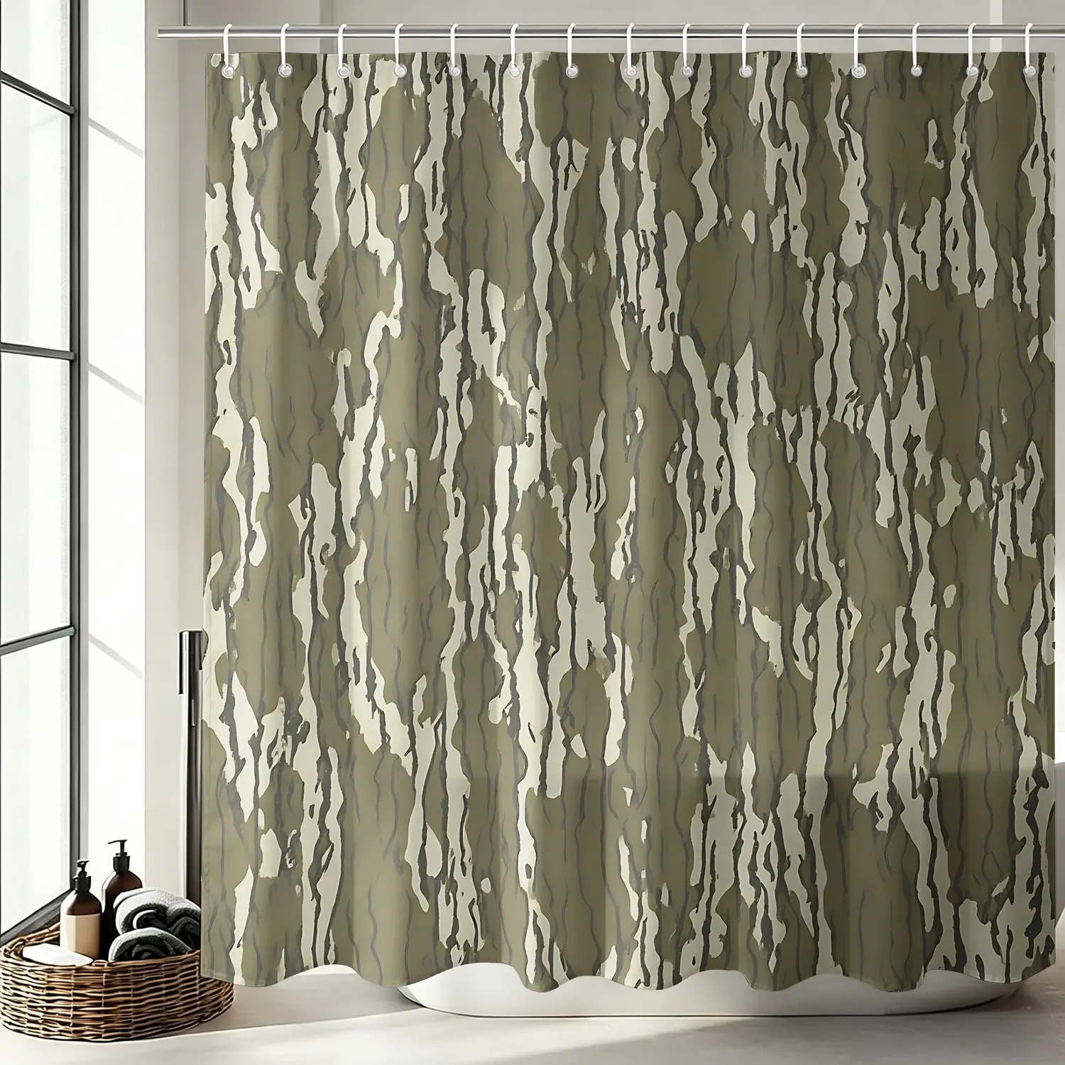 1Pcs Camo Striped Shower Curtain, Vintage Jungle Camouflage Pattern Bathtub Privacy Curtain, Waterproof Cloth Fabric Bathroom Decor Set, Outdoor Hunting Style Home Bath Accessories with 12 Hooks