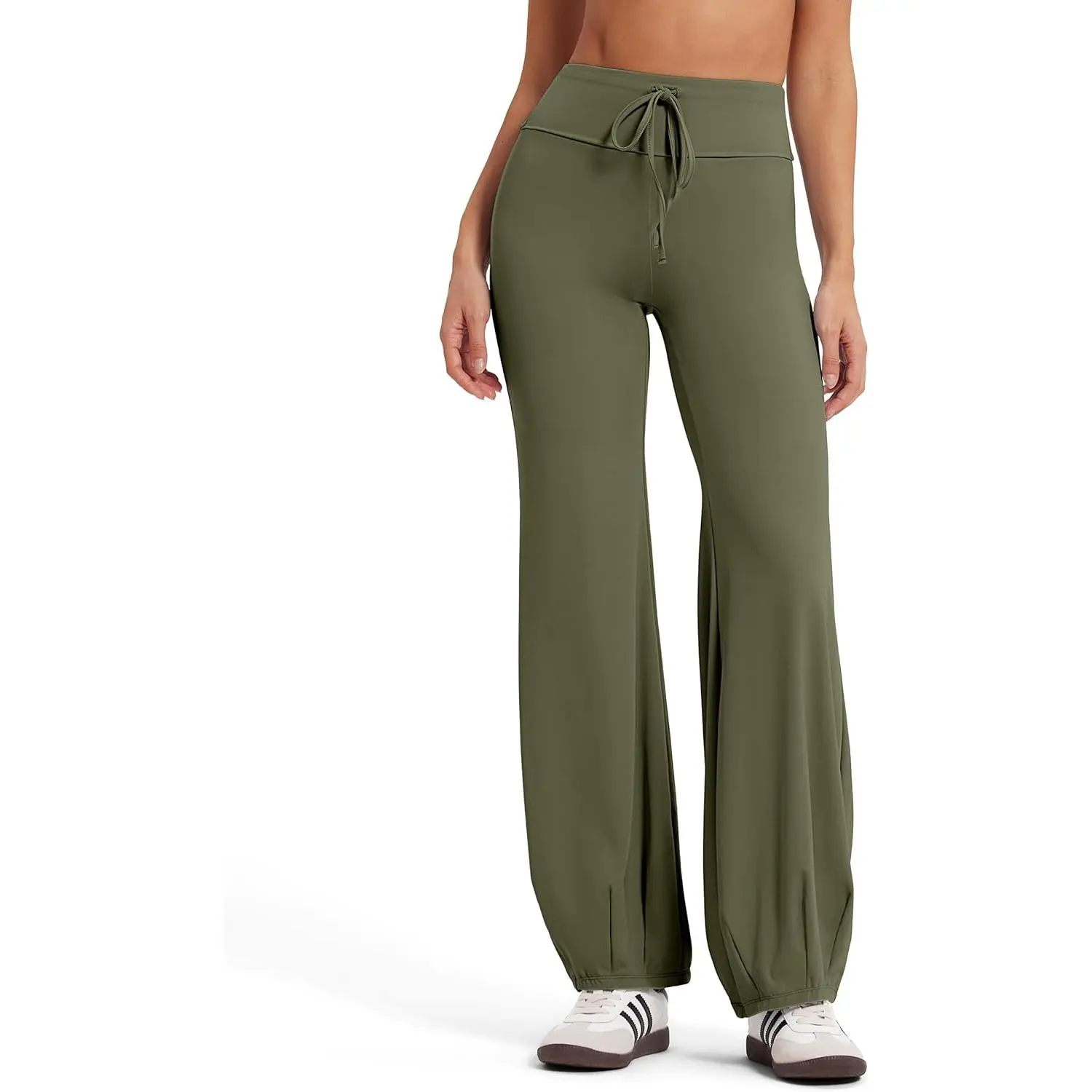 MOOSLOVER Women's Cute Slim Smooth Balloon Fabric Yoga Pants - Drawstring Fold Over Wide Leg Leggings for Casual Lounge, Pilates