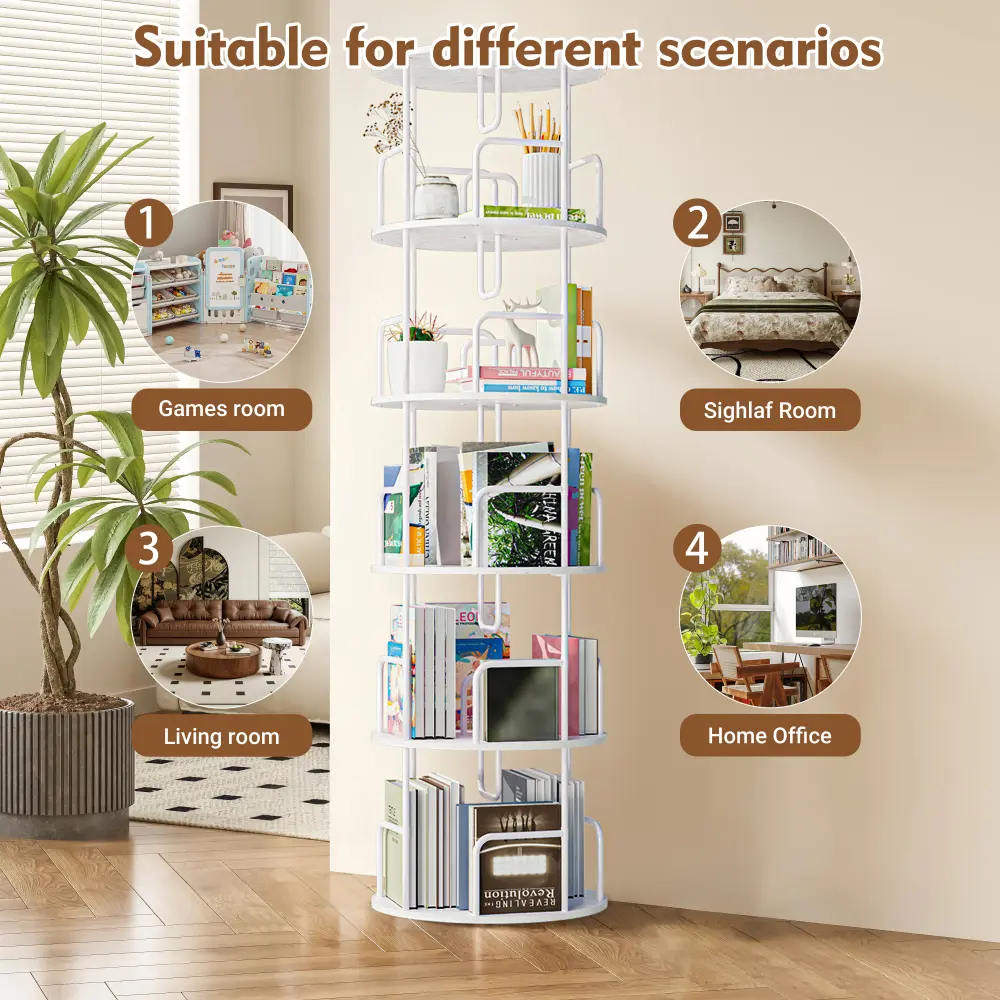 White 5-Layer Cylindrical Rotatable Bookshelf Tower - 17.7in Long, 62.2in High Narrow Tall Adjustable Home Organizer, Corrosion Resistant, Assembly Required, Holds Small Household Items, for Bedroom, Living Room, Multi-Purpose Storage Rack