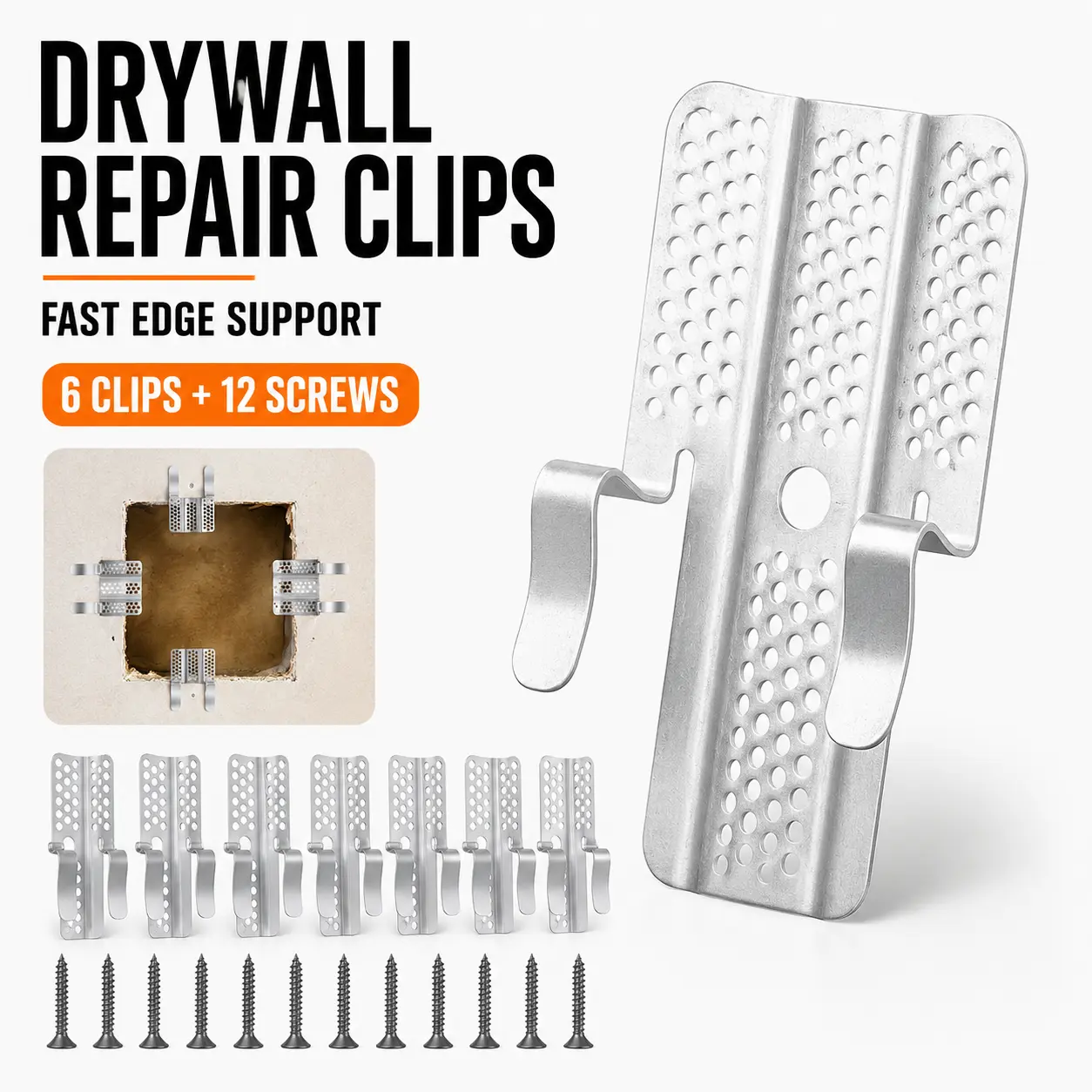 Drywall Repair Clip Kit-an easy-to-install metal wall support system that includes repair brackets and screws, suitable for the quick repair and renovation of holes in home walls.