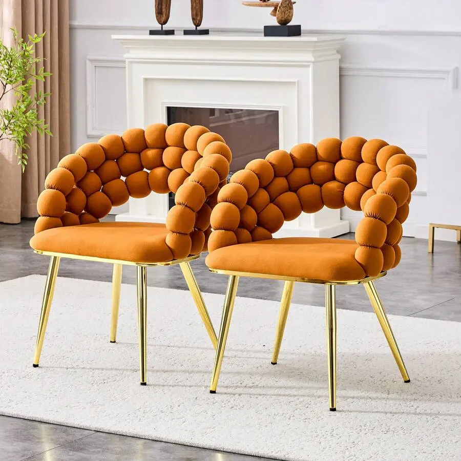 Set Of 2 Puffy Bubble Chair Ball Chair Velvet Dining Chairs With Gold Plated Legs, Modern Accent Chairs Dining Room &