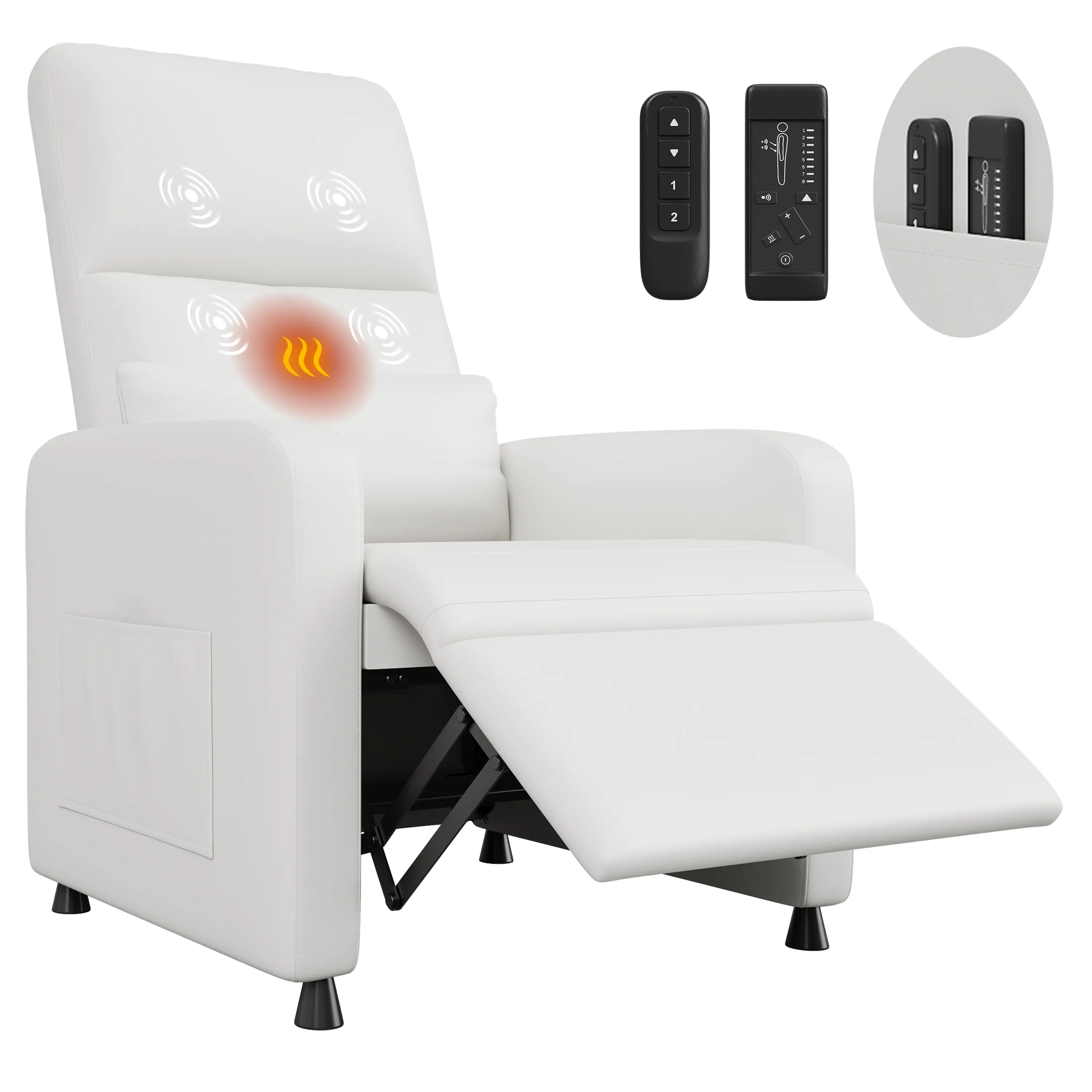 Power Recliner Chair with Heat & Massage, PU Leather Single Sofa with Padded Seat & 2 Side Pockets, Adjustable Electric Recliner for Living Room – Black / White / Brown
