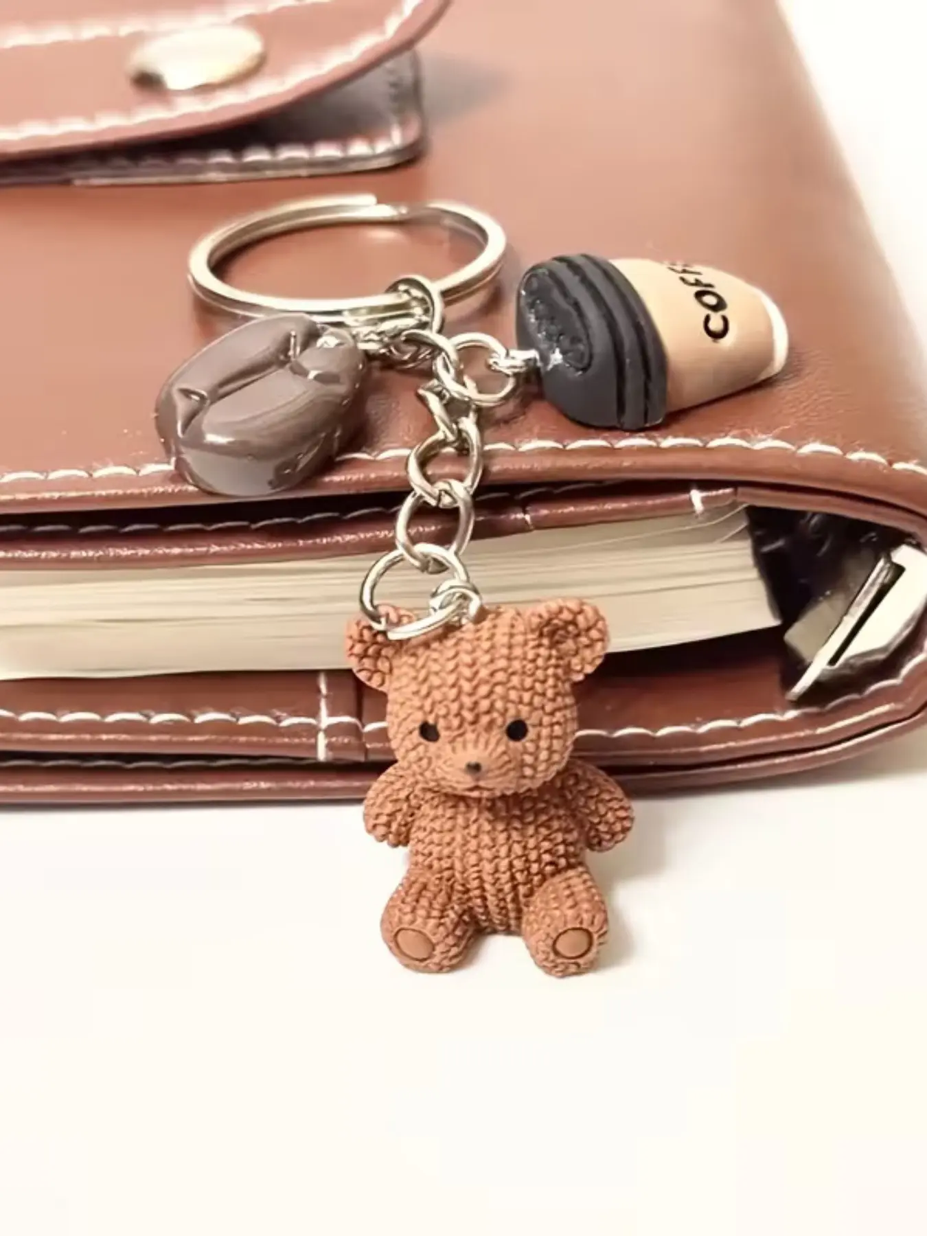 Adorable Teddy Bear Coffee Charm Keychain, Metal Ring Closure, Perfect Gift for Coffee Lovers, Fashion Accessory for Women