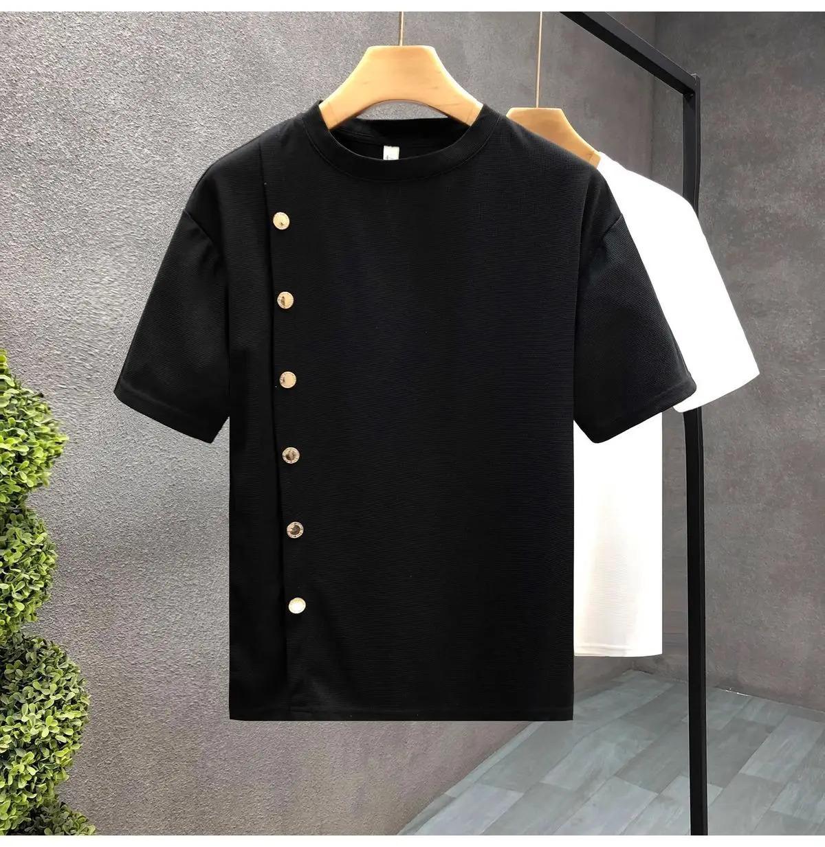 Men's Trendy Summer Short-sleeved Handsome Half-breasted T-shirt New Summer Striped Half-sleeved