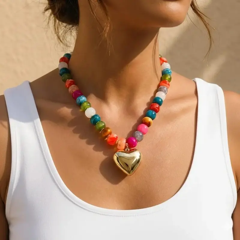 2026 Chunky Heart Necklaces for Women Colorful Resin Beaded Choker Necklace Gold Puffy Heart Statement Necklace Trendy Acrylic Choker Jewelry