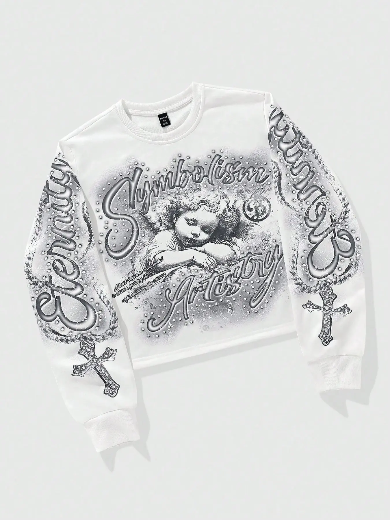 High Street Trendy Short Sleeve Printed Sweatshirt, Angel and Cross Pattern, Round Neck, Versatile Long Sleeve Top, Baggy