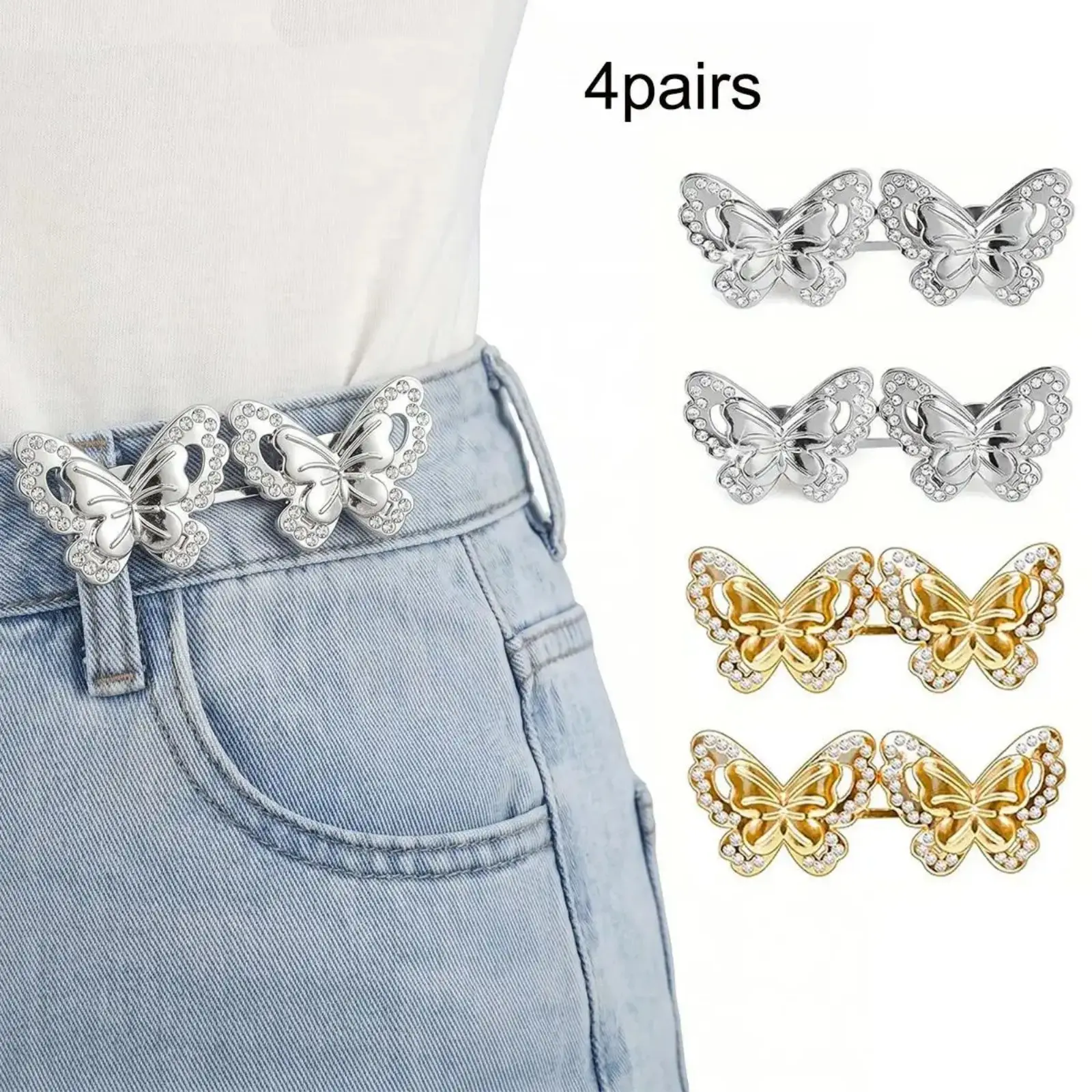 4 Pairs No-Sew Waist Cinch Clips for Loose Jeans, Butterfly Instant Buckle Tighteners, Adjustable Tool-Free Waist Adjuster Set for Daily Fashion Fit & Outfit Fix