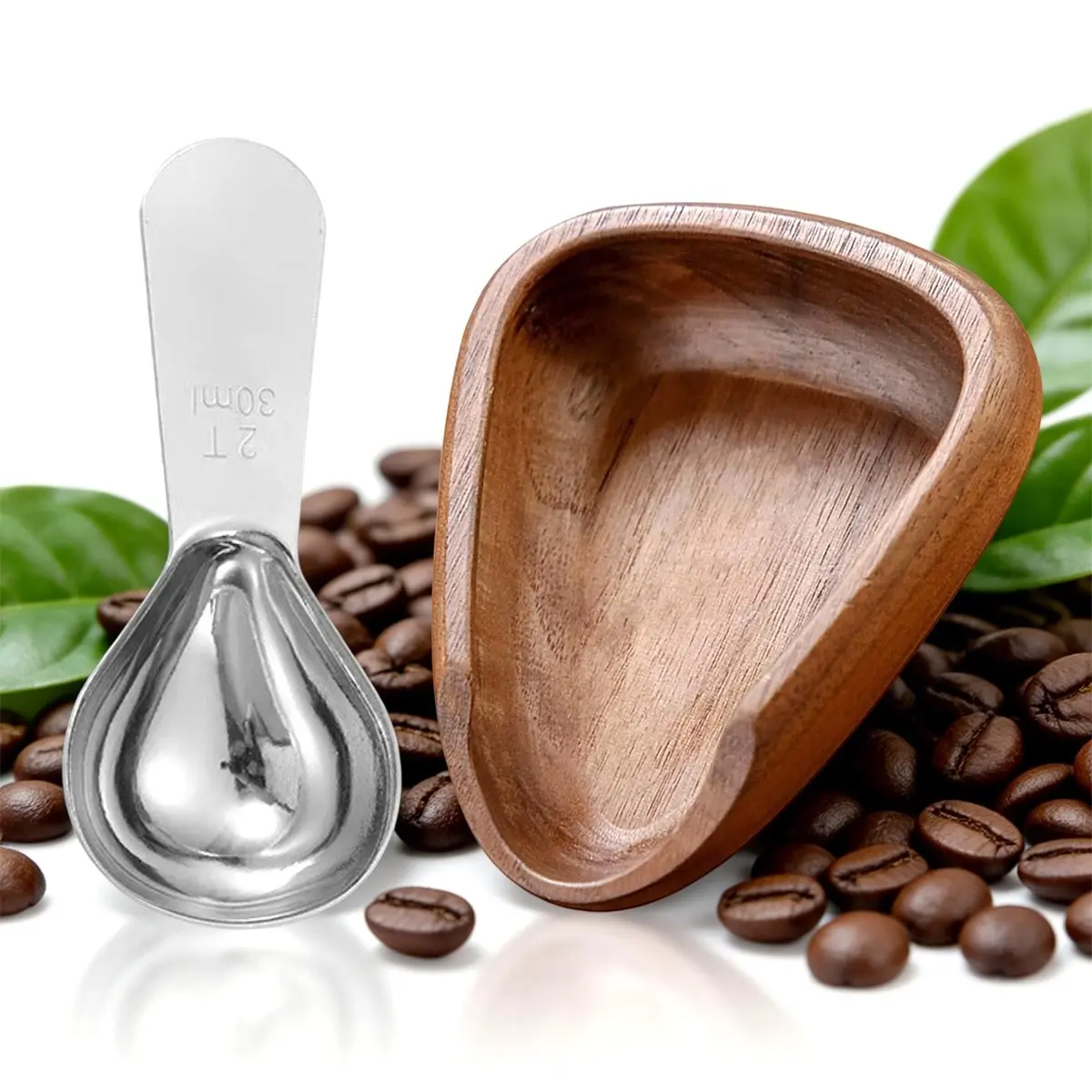 Coffee Bean Dosing Cup & Spoon Set, Wood Espresso Accessories Kit, Static Reduction Spray, Measuring Tray for Coffee/tea, Barista Tools