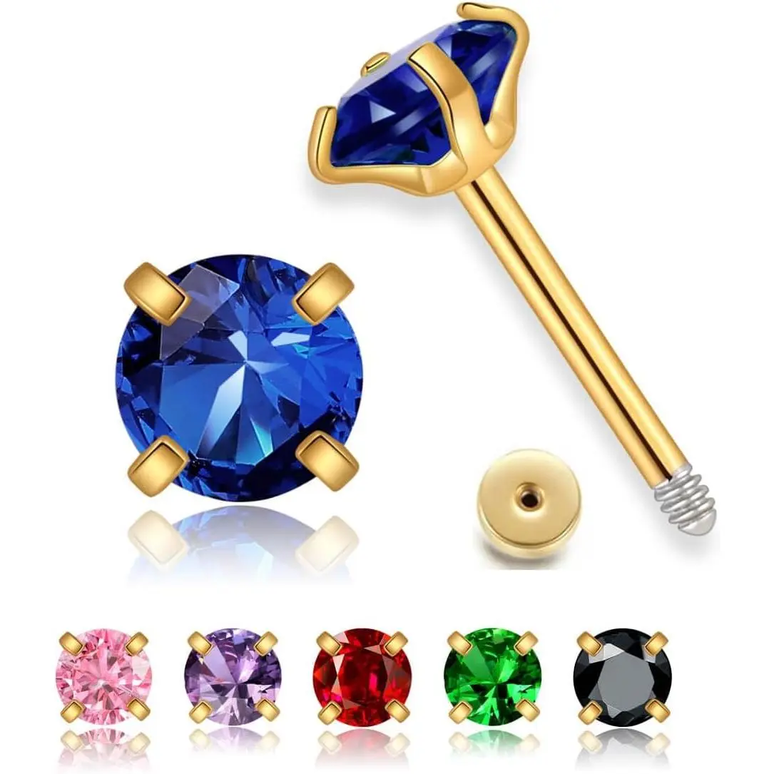 Small CZ Stud Flatback Earrings for Women,Dainty Flat Screw  Cartilage Earring Stud,Helix Conch Tragus  , Cubic Zirconia Studs