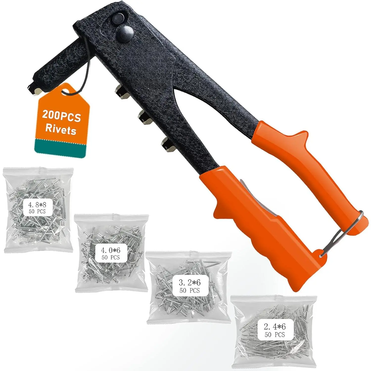 Rivet Gun,Professional Pop Rivet Gun Kit with 200Pcs Rivets, 3/32"-1/8"-5/32"-3/16", Heavy Hand Riveter kit Suitable  Metal Work, Gutter, Automotive and Other Common DIY Projects New model