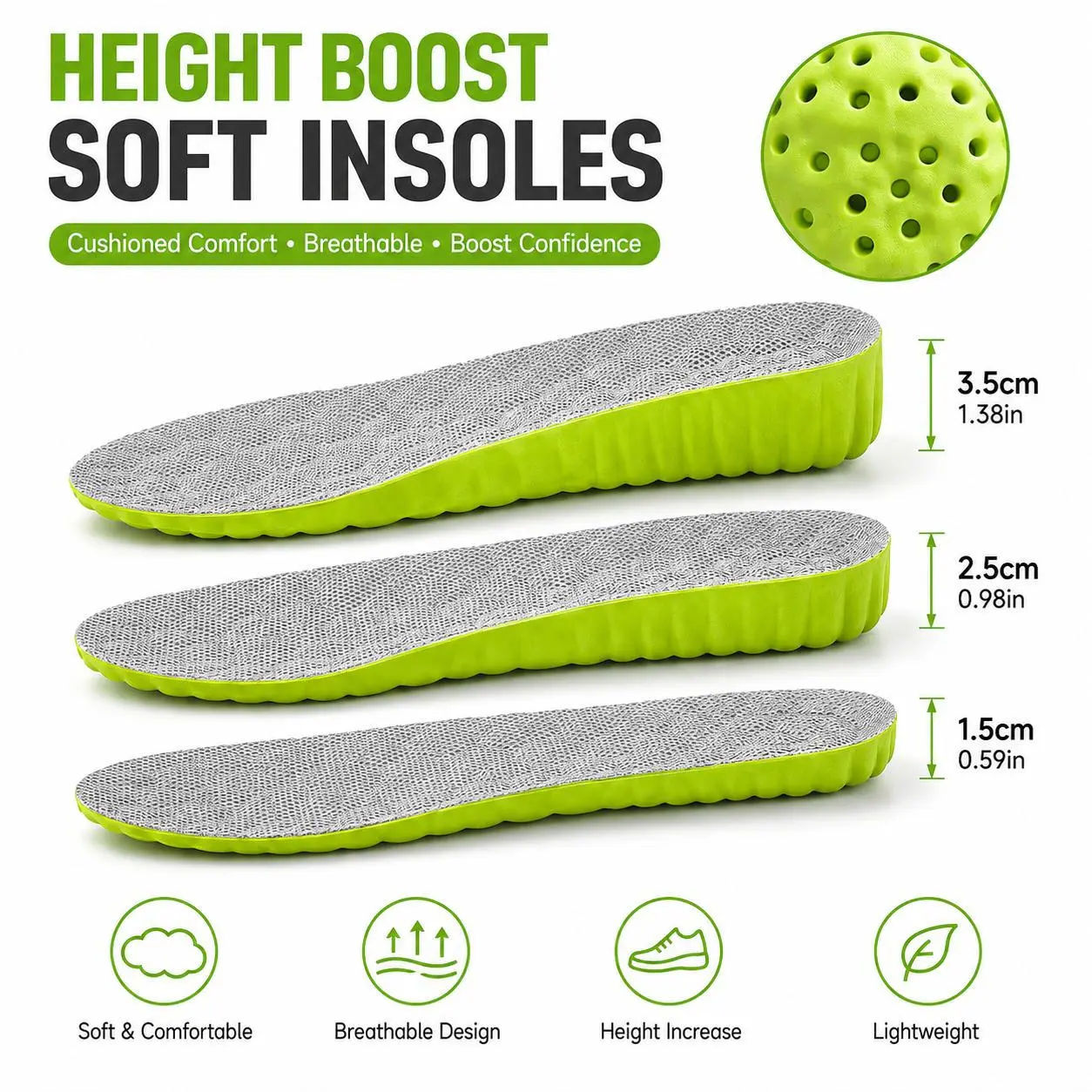 Height Increase Insoles for Men & Women, Cushioned Shoe Inserts with Breathable Mesh, Shock Absorbing Comfort for Sports, Work & Everyday Shoes 5173 1